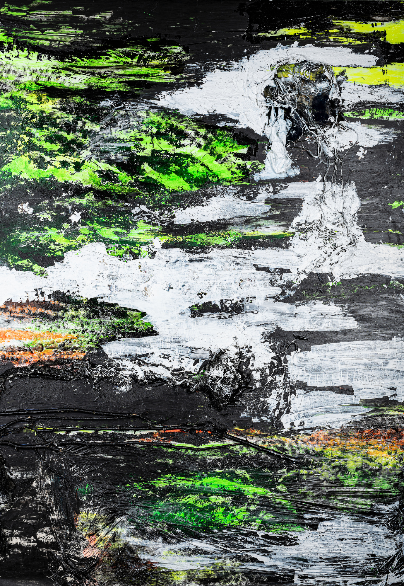 Acrylic, wax, puzzles, branches, string, plastic. 140x100 cm. 2022