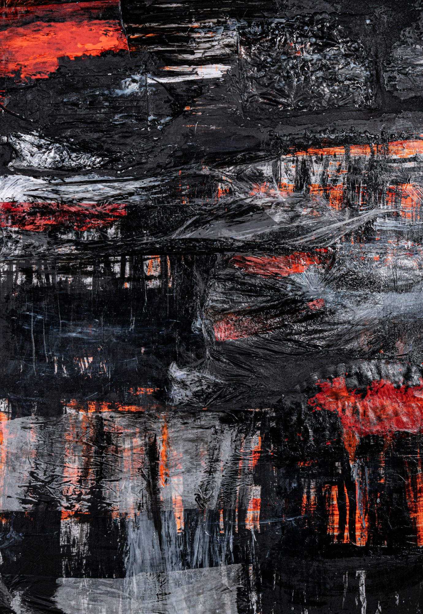 Acrylic, foil, book pages, wax, medical masks. 100x70 cm. 2022